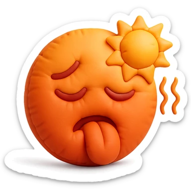 hot emoji with sun and heat waves, red and orange tones, soft plush cushion style sticker