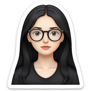 pale woman with long black hair, wearing glasses and black shirt sticker