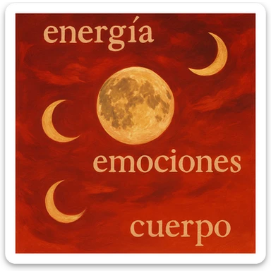 moon in motion in a red sky, with the words 'energía', 'emociones', 'cuerpo' integrated in the image, artistic illustration style sticker