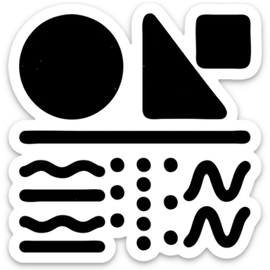 abstract minimalist solid icon of geometric shapes below a horizontal line, with abstract data streams of lines, dots, or waves, worn and distressed effect sticker