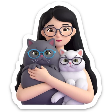 Skinny woman with oval glasses, long straight black hair, wearing white sleeveless top, hugging a grey Persian-Angora cat, plain background sticker