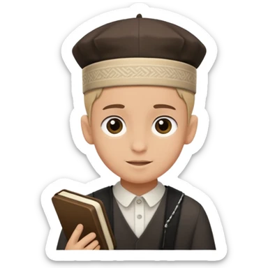 a boy with kippa putting on tefillin sticker