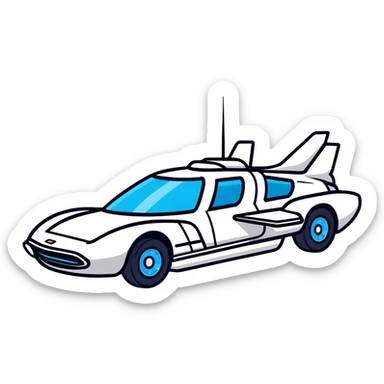 Retro-futuristic hover car inspired by the DeLorean, gullwing doors, silver metallic body with blue-tinted windows, stylized jet boosters in the back, flat vector style, outlined shapes, minimal design sticker