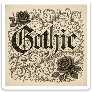 the word 'Gothic' in highly elaborate gothic calligraphy, with ornate flourishes, dark roses, tiny skulls, and baroque filigree sticker