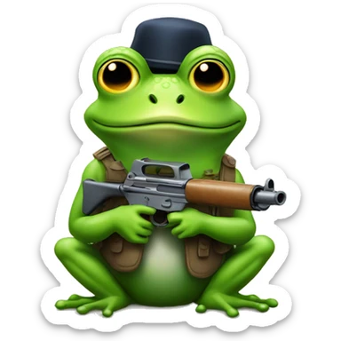 A silly frog with a gun on its head sticker