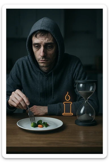 Slim man in his 30s sitting at a table with a tiny portion of food, looking tired and cold, wearing a hoodie indoors. Pale skin, low energy expression, dark circles under eyes. His plate has only a few vegetables and no protein or carbs. Dim kitchen background, slow metabolism symbolized by a dimmed internal flame or sluggish hourglass near him. sticker