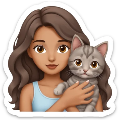 A beautiful girl with big brown waves was holding a gray kitten sticker
