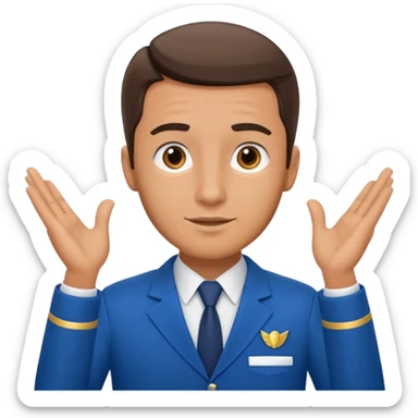A calm male flight attendant demonstrating instructions with confident sticker