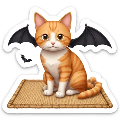 cat sitting on a mat with two bats flying nearby sticker