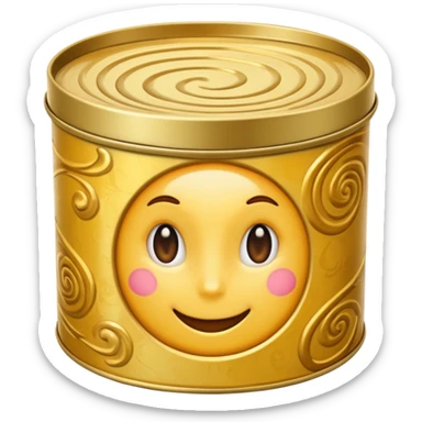 round metal tin, slightly open, with glossy golden wax inside, soft swirls on surface, no extras, soft lighting, subtle shadows, emoji scale sticker