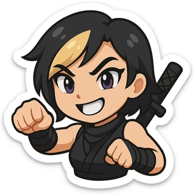 Create an anime chibi style ninja girl with the same face, outfit, and colors as the reference. The ninja girl should have her fist halfway up, mid-punch. Transparent background, sized for Twitch emoji use. This is animation frame 2. sticker