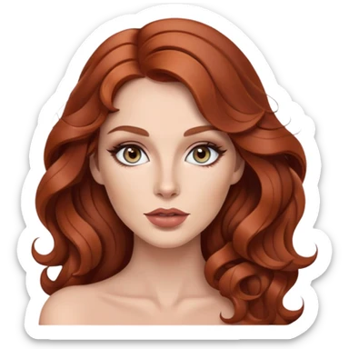 Rousse aux cheveux très très long et ondulé. Yeux gris, make up léger avec contouring prononcé. Nails artist lèvre clair et pulpeuse  sticker