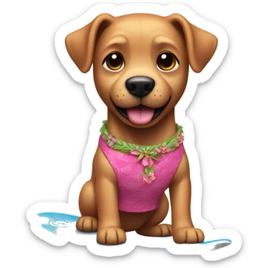 dog surfing in pink hula skirt sticker