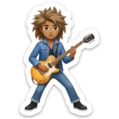 Super strong rockstar on the guitar while being shined on by a massive spotlight with his hair blowing and a cool aura sticker