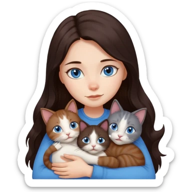 a girl with long dark 
brown hair, with blue eyes, hugs 3 different natural coloured cats sticker
