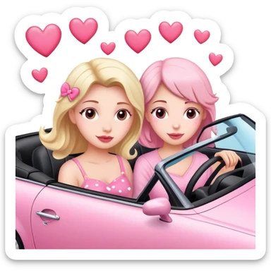 A mom, one daughter,  driving in pink convertible with hearts  sticker