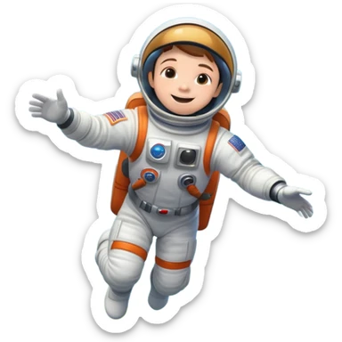 Disney Pixar 3d render of a happy kid astronaut with astronaut white, orange and black suit around beautifull colorfull flowers jumping on green grass dreamy world, low angle camera, blue sky with disney clouds, rule of thirds sticker