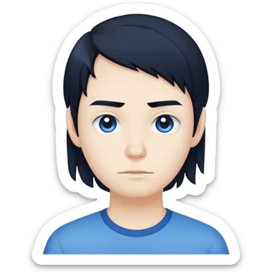 a human with black hair and white skin wearing a blue marice shirt that says Aegisum sticker