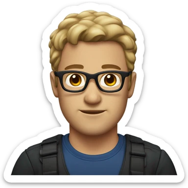 man with dark blonde hair, stubble, with dark brown eyes, black glasses, and dark blue shirt sticker