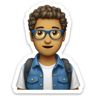 Joven con gafas, camisa azul y mochila, cabello liso sticker