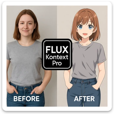 create before after image of a girl before is realsitic photo, after is anime version of her in same pose and clothes, add logo with text of a "FLUX Kontext Pro" sticker