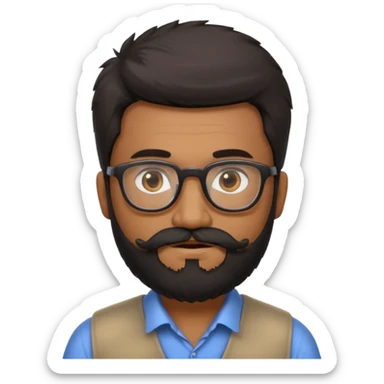 Indian software developer with beards and specs, with few white hairs in mostly black beard and hair. Hair fluffy and back brushed. Mustache and beard not neatly done sticker