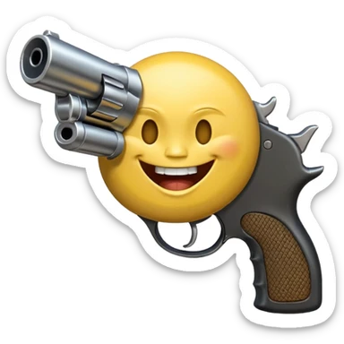 Yellow laughing face pointing gun at its own mount. The barrel of the gun is pointed towards the smile into the mouth sticker