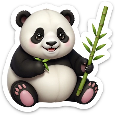 Cinematic smiling chubby panda, fluffy black and white fur, round rosy cheeks, tiny paws holding a bamboo shoot, sparkling eyes full of joy, soft glowing background, irresistibly huggable. sticker