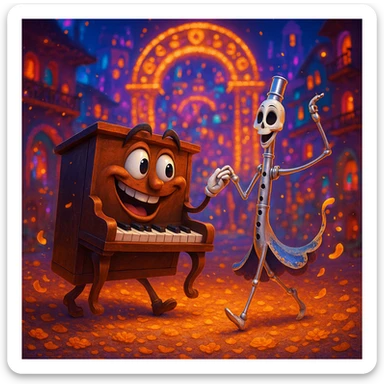 (Style film coco de pixar ) un piano au royaume des mort danse avec une flûte  sticker