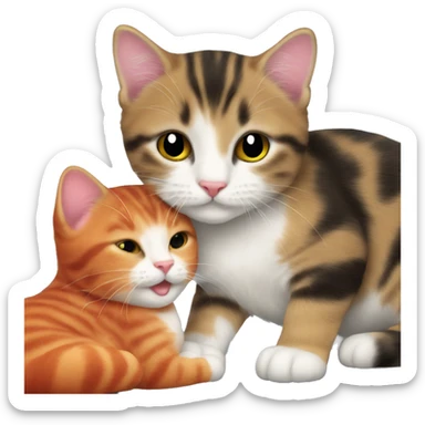 A small tricolour kitty playing with a big red cat sticker