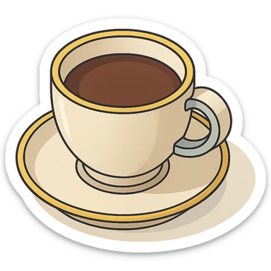 coffee in a cup with a golden rim, isometric view, 2D isometric style, detailed drawing, detailed shadows and highlights, clean contours, soft lighting, transparent background sticker