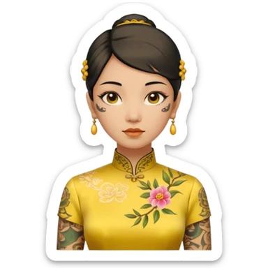 ancient woman with tatooed on neck and face and yellow cheongsam sticker
