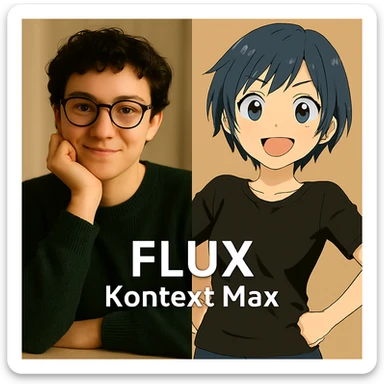 same similar image but chnage the text to "Flux Kontext Max", change people and pose too sticker