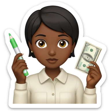 a young girl with dark skin and short black hair holding money and a glue stick in her hands sticker