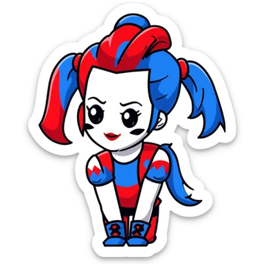 Harley Quinn style hair with red and blue ponytails sticker