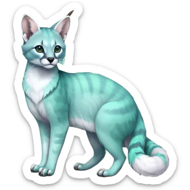 Colorful dark tropical iridescent pale light jade-green, mint-blue, whitish pastel white glorious divine exotic cute cool beautiful shiny beautiful fantasy-caracal-civet-genet-sergal-vernid-Cacomistle-Trico-oncilla-animal-Fakémon-hybrid-fursona (full body) sticker