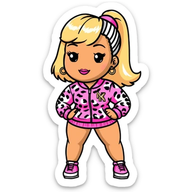 Nicki Minaj wearing pink and white leopard print outfit with half blonde half pink hairstyle with bangs sticker