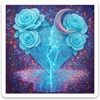 Add much more holographic stardust to the gothic heart formed from splintered light blue glass, silver crescent moon, light blue roses, neon lightning, and a wet, reflective surface. Keep the background transparent. sticker