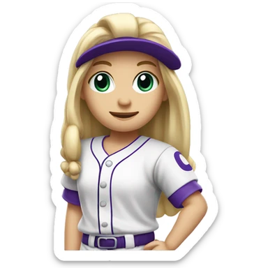baseball card character. Blonde female long straight hair. letter C logo. Purple and white uniform. sticker