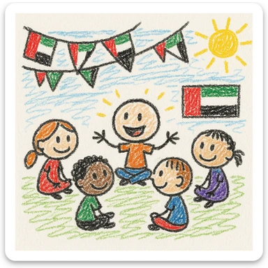 group of children in a circle on the classroom floor, one child sharing an idea, UAE flag colors in classroom decorations, fun and engaging for kids sticker