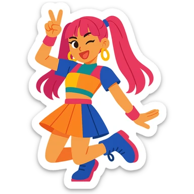 K-pop idol inspired by Blackpink, energetic pose, colorful outfit, playful expression, vibrant toon style sticker