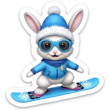 A bunny on a snowboard in blue wearing ski goggles and making party sticker