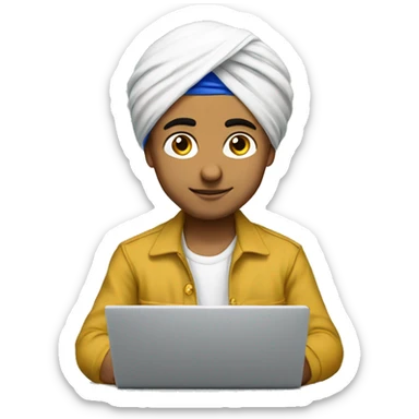 a young sikh boy oimg coding on laptop, Make him wear a Punjabi turban of white color sticker