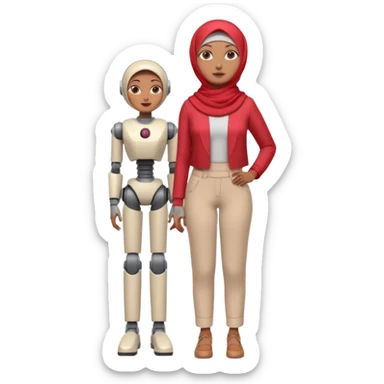 Heavy-set woman with medium-brown skin wearing a light red hijab, cream top, light red pants, tan shoes, and a grey robot leg. Standing confidently with one hand on her hip sticker