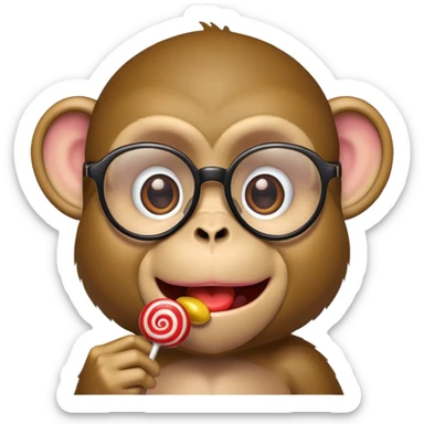 Monkey with glasses holding his neck with a lollipop sticker