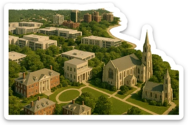 Add the Sigma Chi International Fraternity Headquarters and the Levere Memorial Chapel (Sigma Alpha Epsilon HQ) as visible, recognizable landmarks to this Evanston cityscape. Keep all existing features intact including the Northwestern University campus, Lake Michigan shoreline, and downtown Evanston. Render in a cinematic, realistic style with a transparent background. sticker
