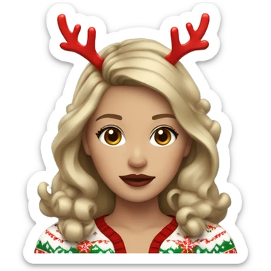 dark blond hairwd girl with christmas sweater and raindeer horns and red lipstick sticker