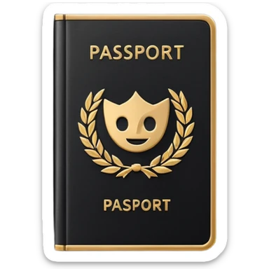 Minimal emoji icon of a black passport, matte cover, simple gold emblem, clean lighting sticker