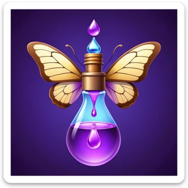 Small brown bottle floating with dim light, with a purple drop suspended in the air, slowly spinning in front of a luminous butterfly representing the thyroid sticker