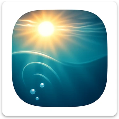 Create an underwater emoji that looks exactly like the reference image in iOS emoji style. The emoji should have a 3D appearance with shiny, smooth gradients, soft shadows, and sunlight filtering through water, capturing the classic emoji look. Add a subtle highlight to the water. sticker